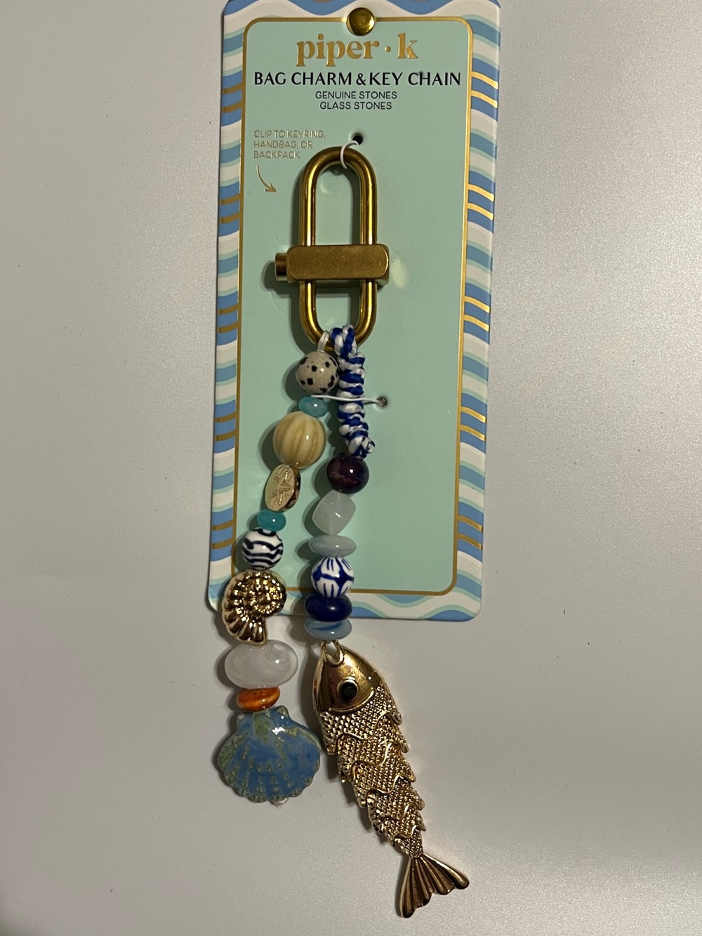 NWT Piper K Coastal Fish Shell Bag Charm Key Chain Glass Stone Viral